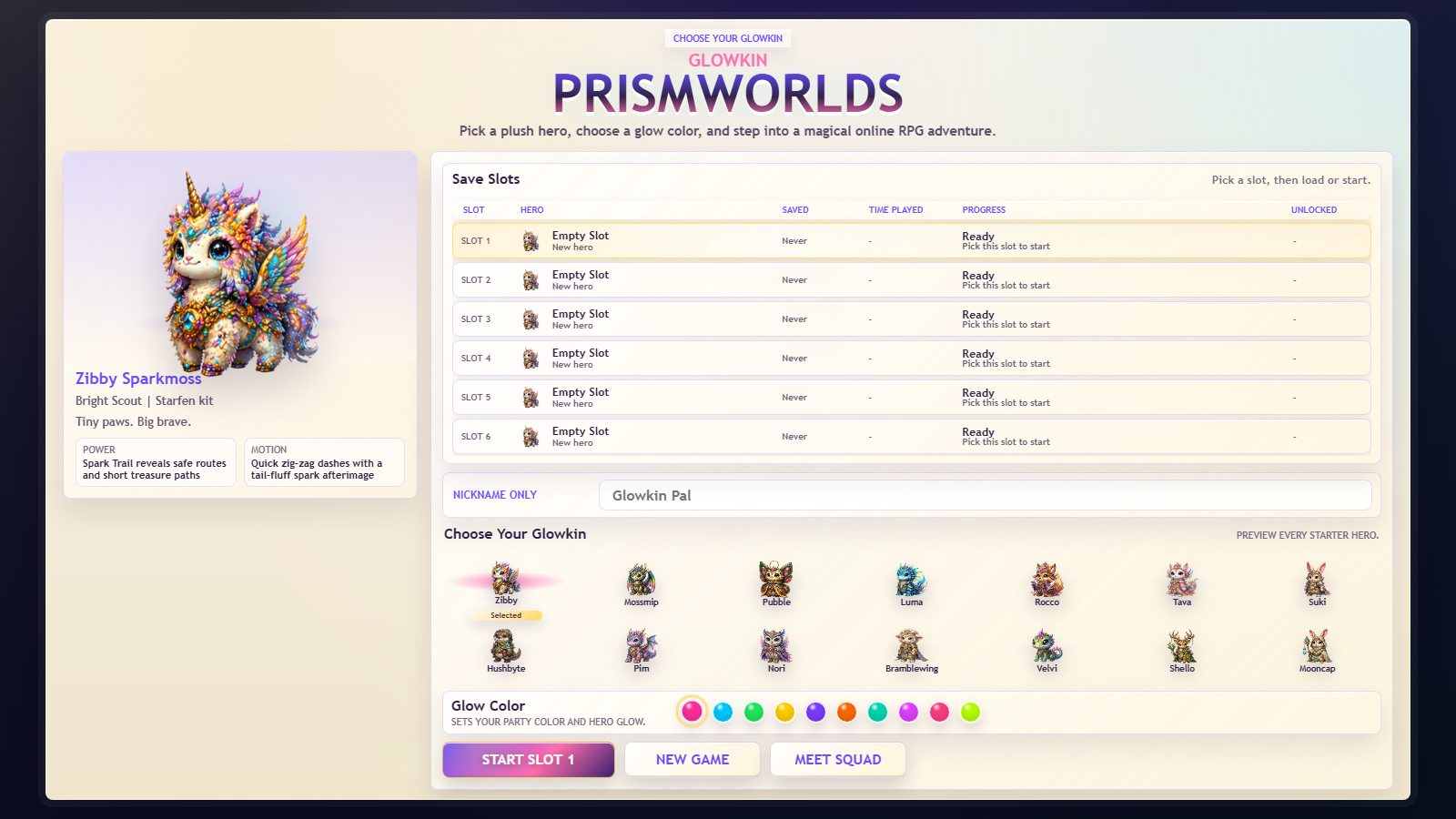 PrismWorlds game menu
